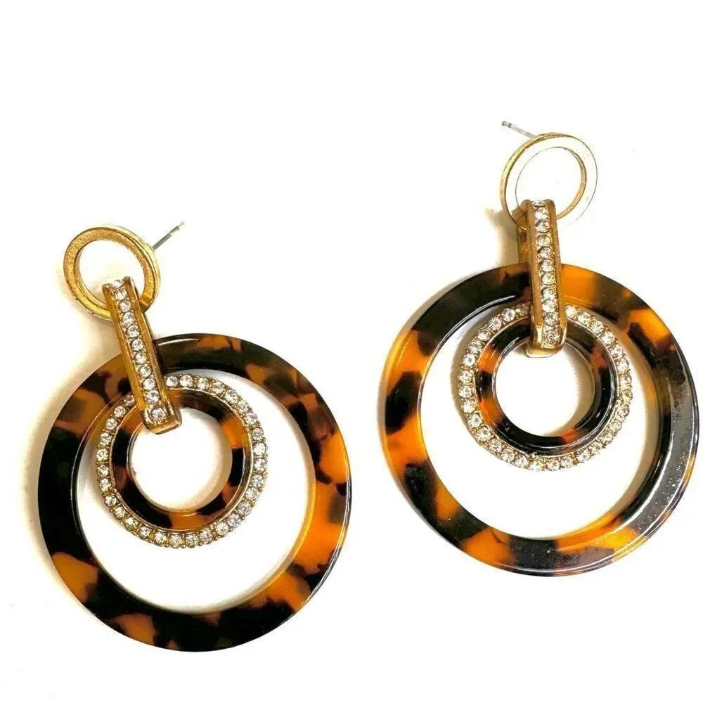 Brown tortoise earrings three circles in gold tone with rhinestone detail